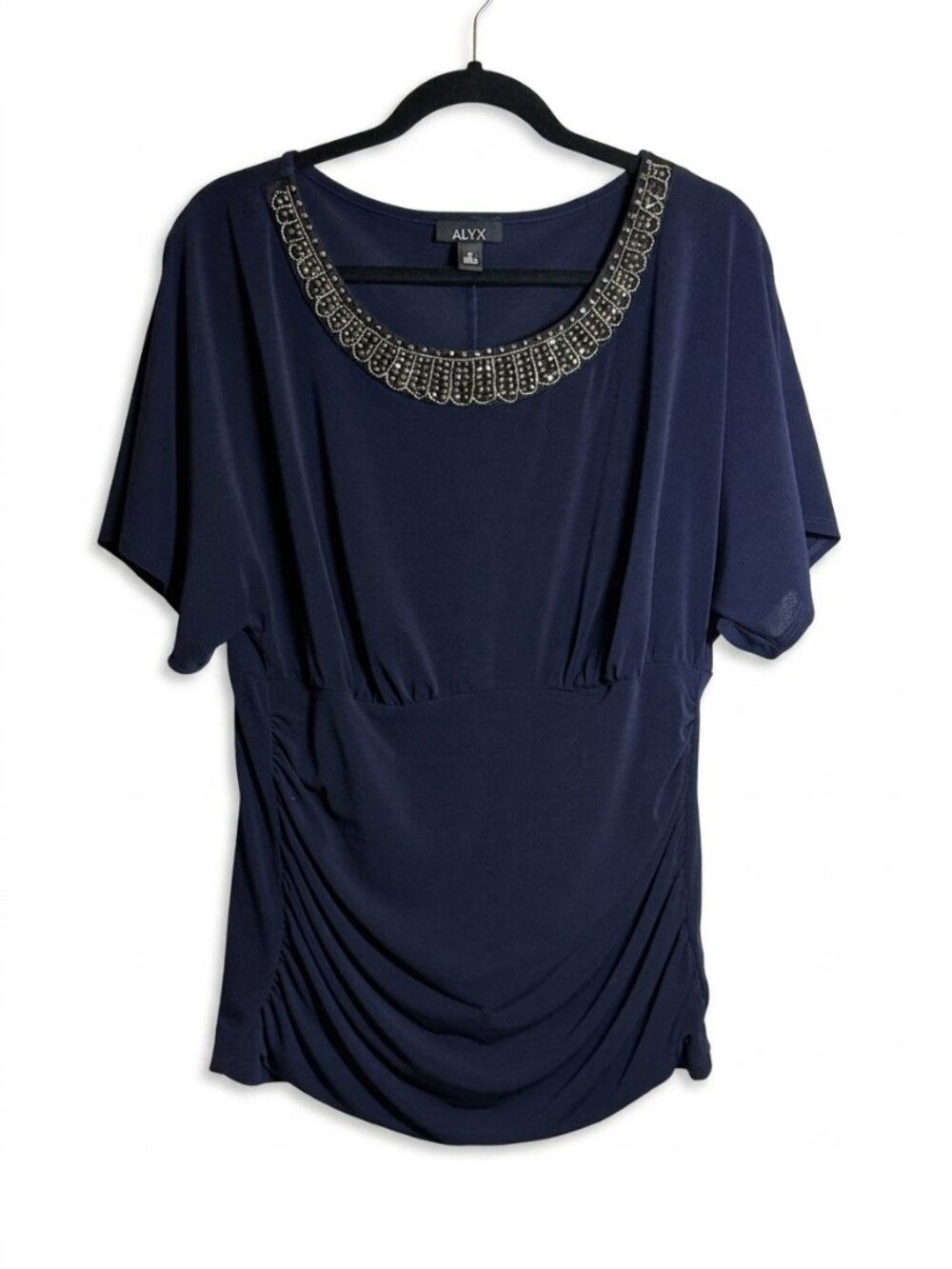 ALYX Navy Blue Embellished Scoop Neck Kimono Sleeve Top / 1X